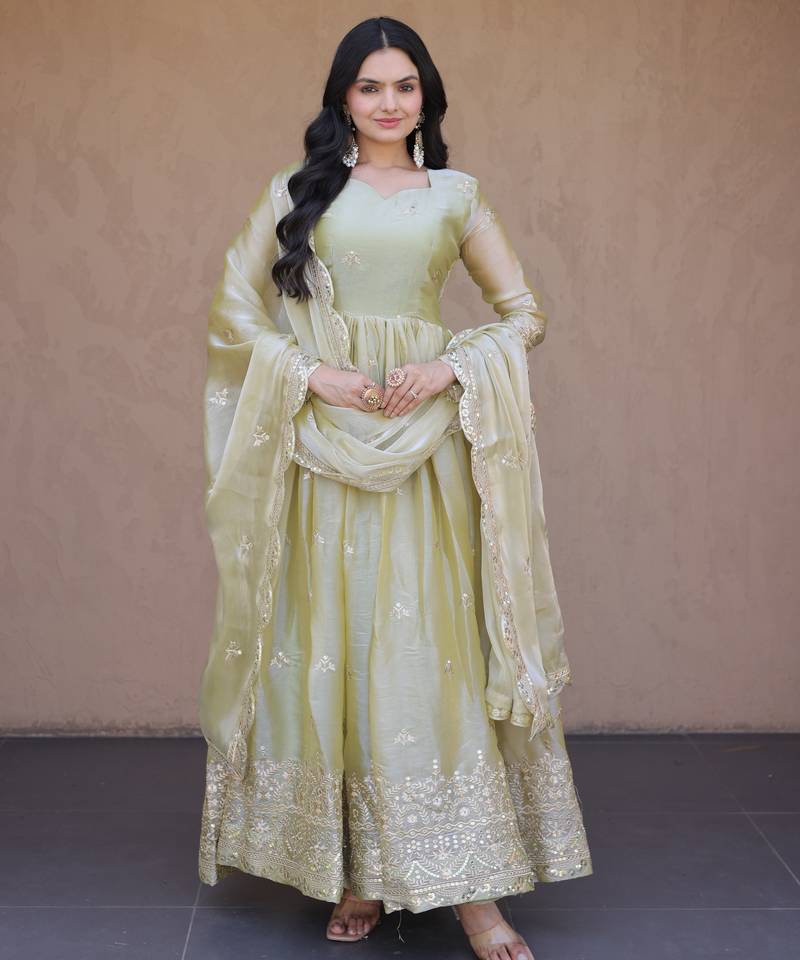 Pista color fendy silk fabric designer embroidered gown with dupatta