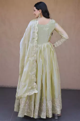 Pista color fendy silk fabric designer embroidered gown with dupatta