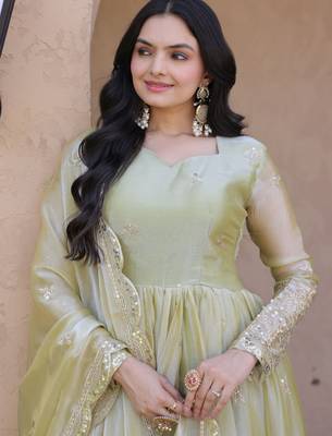 Pista color fendy silk fabric designer embroidered gown with dupatta 3