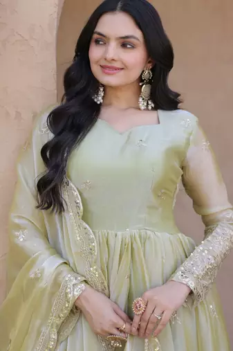 Pista color fendy silk fabric designer embroidered gown with dupatta