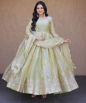 Pista color fendy silk fabric designer embroidered gown with dupatta 4
