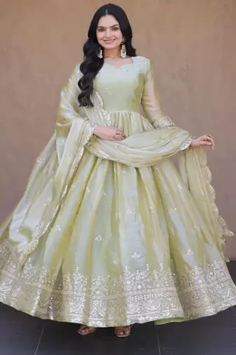 Pista color fendy silk fabric designer embroidered gown with dupatta