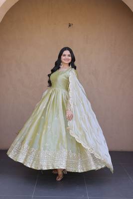 Pista color fendy silk fabric designer embroidered gown with dupatta 5