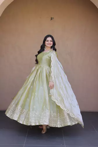 Pista color fendy silk fabric designer embroidered gown with dupatta