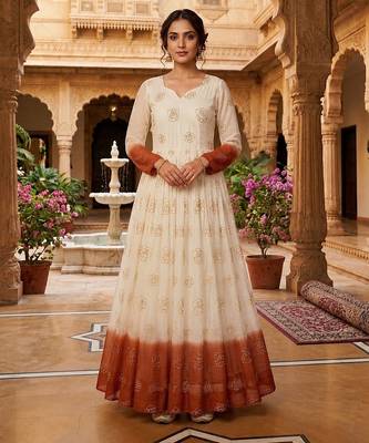 Rust color silver crunchy fabric designer embroidered gown for ethnic party looks 1