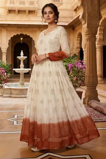 Rust color silver crunchy fabric designer embroidered gown for ethnic party looks
