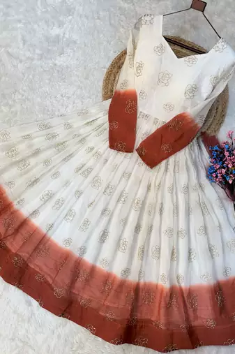 Rust color silver crunchy fabric designer embroidered gown for ethnic party looks