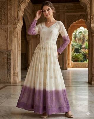 Purple color silver crunchy fabric designer embroidered gown for ethnic party looks 1