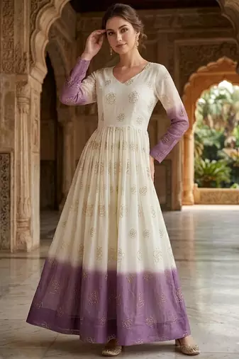 Purple color silver crunchy fabric designer embroidered gown for ethnic party looks