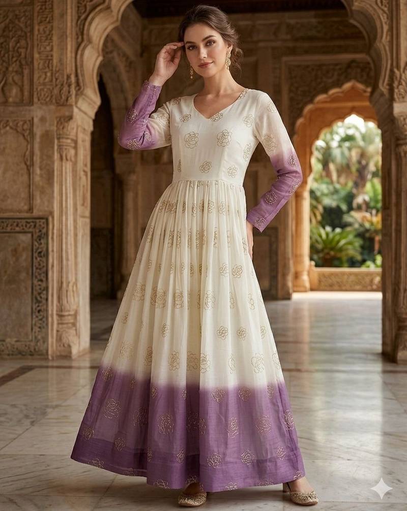 Purple color silver crunchy fabric designer embroidered gown for ethnic party looks