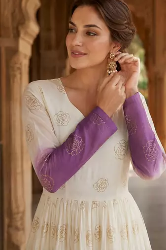 Purple color silver crunchy fabric designer embroidered gown for ethnic party looks
