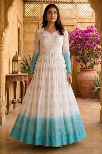 Sky blue color silver crunchy fabric designer embroidered gown for ethnic party looks