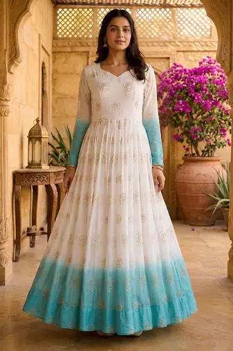 Sky blue color silver crunchy fabric designer embroidered gown for ethnic party looks
