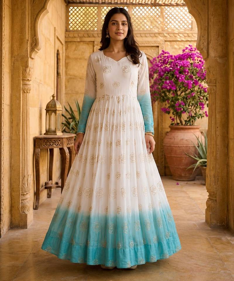 Sky blue color silver crunchy fabric designer embroidered gown for ethnic party looks