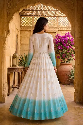 Sky blue color silver crunchy fabric designer embroidered gown for ethnic party looks