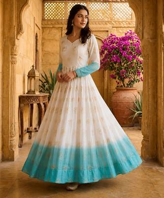 Sky blue color silver crunchy fabric designer embroidered gown for ethnic party looks 4