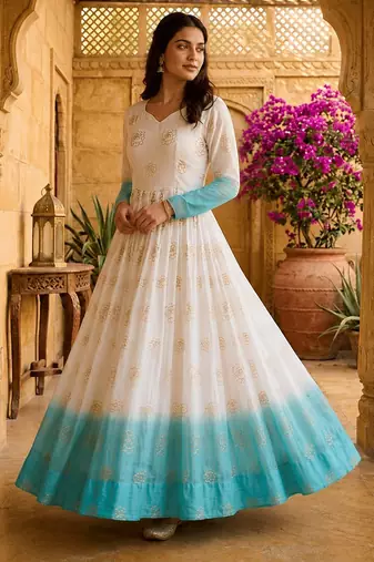 Sky blue color silver crunchy fabric designer embroidered gown for ethnic party looks