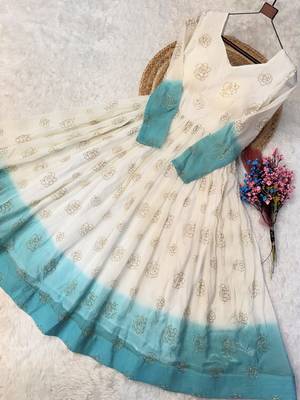 Sky blue color silver crunchy fabric designer embroidered gown for ethnic party looks 5
