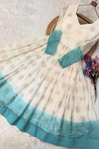 Sky blue color silver crunchy fabric designer embroidered gown for ethnic party looks