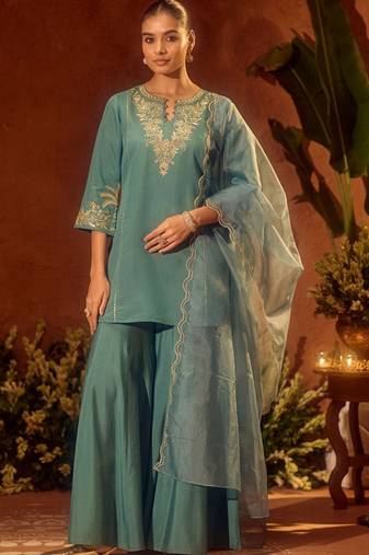 Rama chanderi silk ceremonial salwar suit for girlie party looks