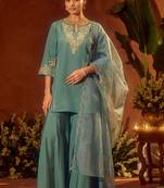 Rama color chanderi silk fabric designer ceremonial salwar suit for girlie party looks