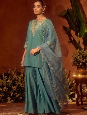 Rama color chanderi silk fabric designer ceremonial salwar suit for girlie party looks 4
