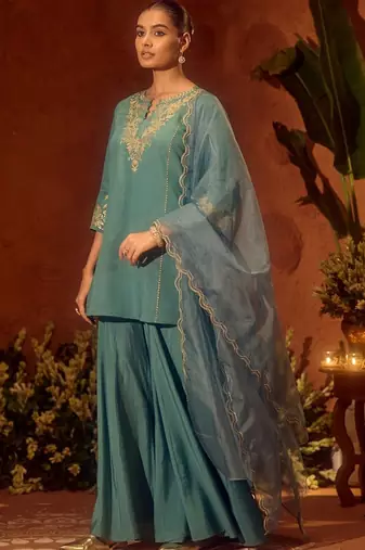 Rama color chanderi silk fabric designer ceremonial salwar suit for girlie party looks