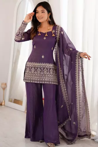 Lavender color crunchy silk fabric designer ceremonial salwar suit for girlie party looks