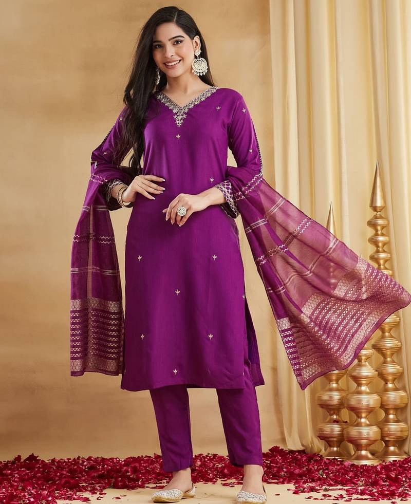 Purple color viscose rayon fabric designer ceremonial salwar suit for girlie party looks