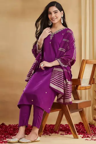 Purple color viscose rayon fabric designer ceremonial salwar suit for girlie party looks