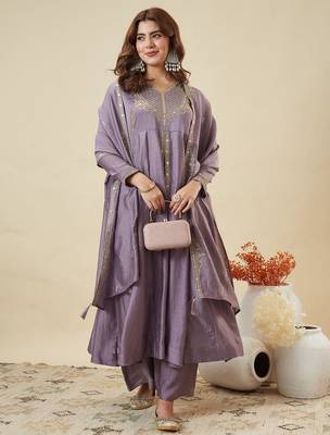 Grey color vichitra silk fabric designer ceremonial salwar suit for girlie party looks 1