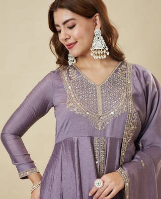 Grey color vichitra silk fabric designer ceremonial salwar suit for girlie party looks 3