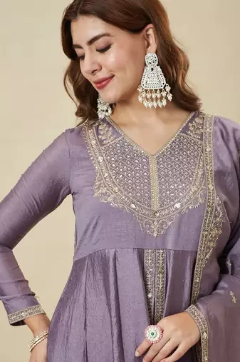 Grey color vichitra silk fabric designer ceremonial salwar suit for girlie party looks
