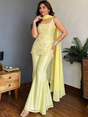 Yellow color faux georgette fabric designer ceremonial salwar suit for girlie party looks 3