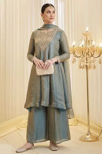 Grey color fendy satin fabric designer ceremonial salwar suit for girlie party looks