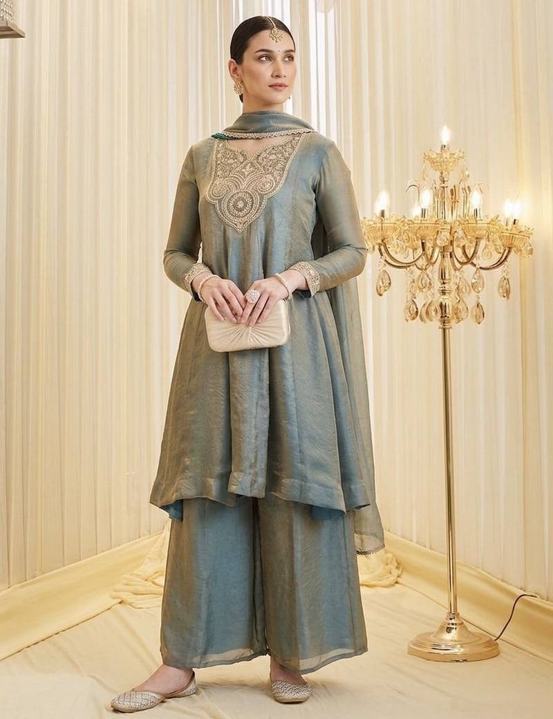 Grey color fendy satin fabric designer ceremonial salwar suit for girlie party looks