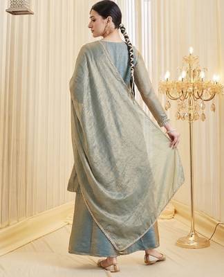 Grey color fendy satin fabric designer ceremonial salwar suit for girlie party looks 2