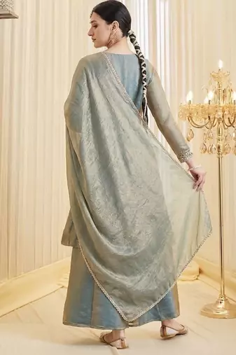 Grey color fendy satin fabric designer ceremonial salwar suit for girlie party looks