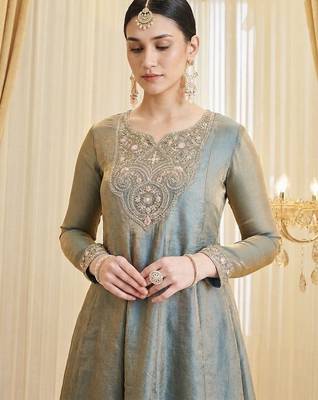 Grey color fendy satin fabric designer ceremonial salwar suit for girlie party looks 3