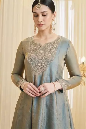 Grey color fendy satin fabric designer ceremonial salwar suit for girlie party looks