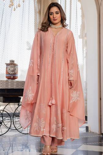 Pink color chanderi fabric designer ceremonial salwar suit for girlie party looks