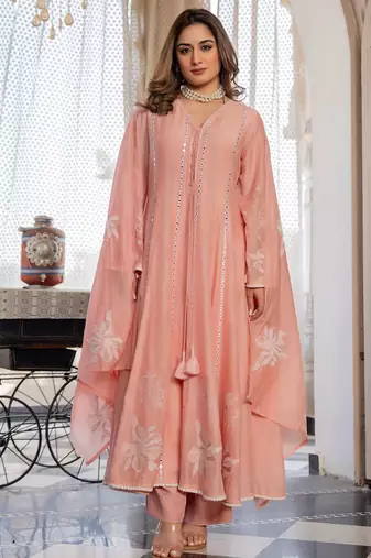 Pink color chanderi fabric designer ceremonial salwar suit for girlie party looks
