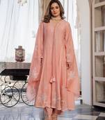 Pink color chanderi fabric designer ceremonial salwar suit for girlie party looks