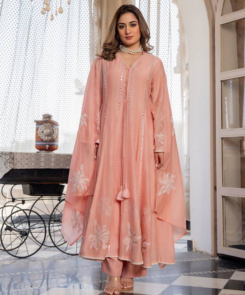 Pink color chanderi fabric designer ceremonial salwar suit for girlie party looks