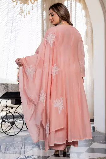Pink color chanderi fabric designer ceremonial salwar suit for girlie party looks