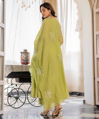 Green color chanderi fabric designer ceremonial salwar suit for girlie party looks 2