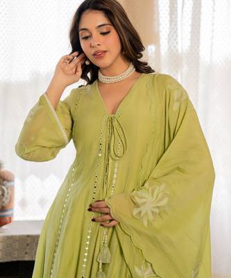 Green color chanderi fabric designer ceremonial salwar suit for girlie party looks 3