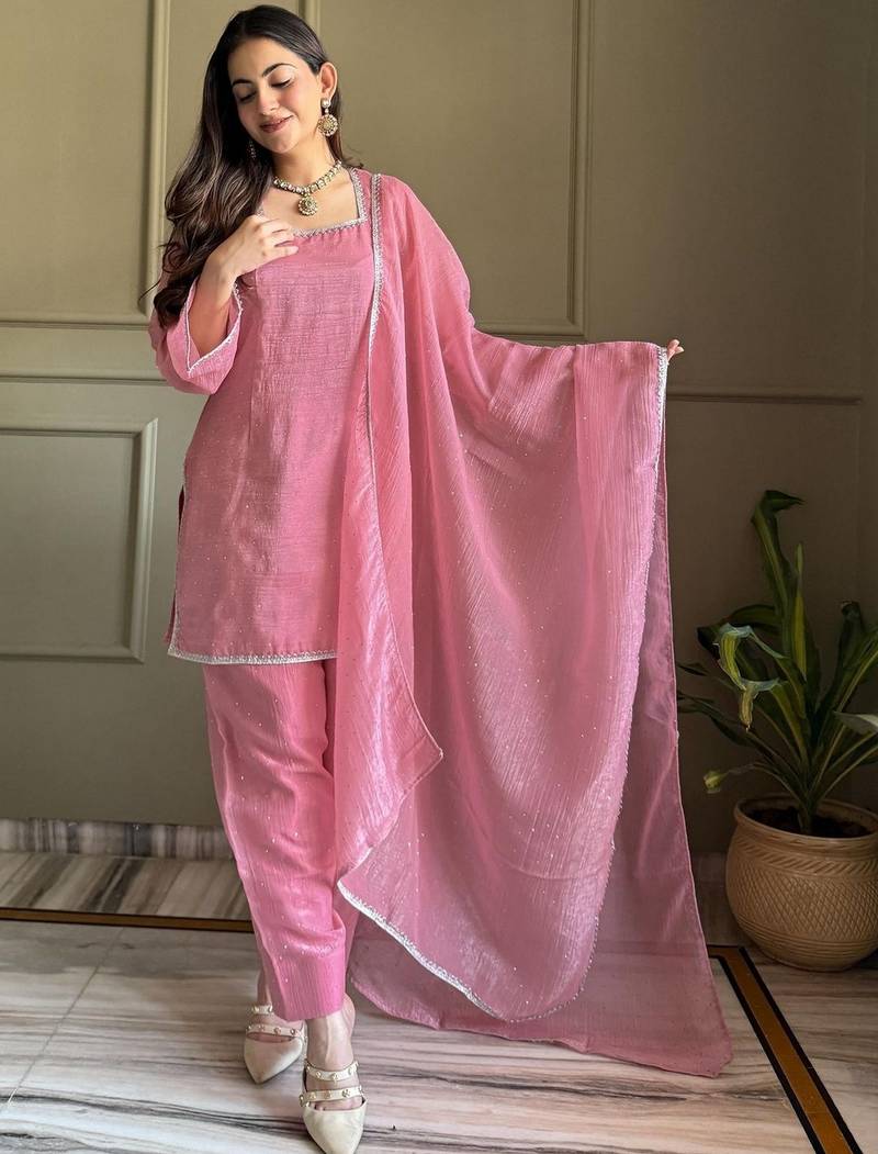 Pink color crunchy silk fabric designer ceremonial salwar suit for girlie party looks