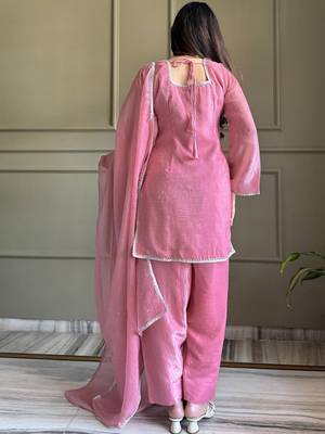 Pink color crunchy silk fabric designer ceremonial salwar suit for girlie party looks 2