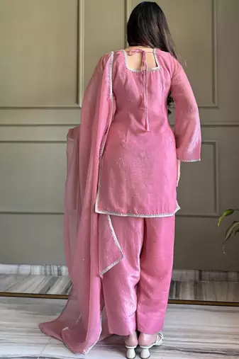 Pink color crunchy silk fabric designer ceremonial salwar suit for girlie party looks